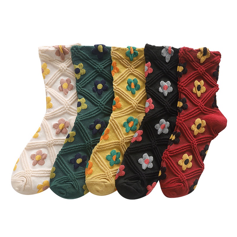 Vớ WAFNHA D235 ống cao trung bình thêu hoa phong cách Hàn Quốc