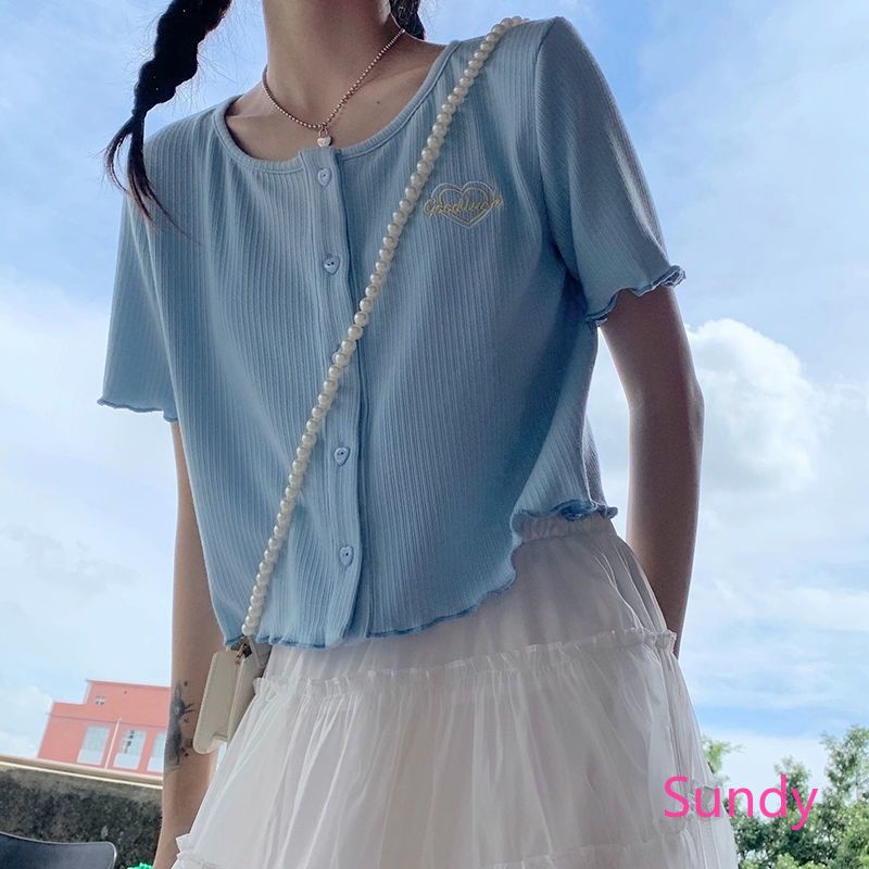 Áo Kiểu Cổ Tròn Dáng Rộng Thêu Họa Tiết Thời Trang Mùa Hè Hàn Quốc Cho Nữ