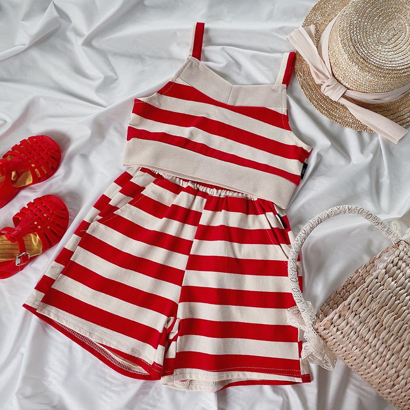 Set Áo Hai Dây Kẻ Sọc + Quần Short Thời Trang Mùa Hè Se7en Cho Bé Gái