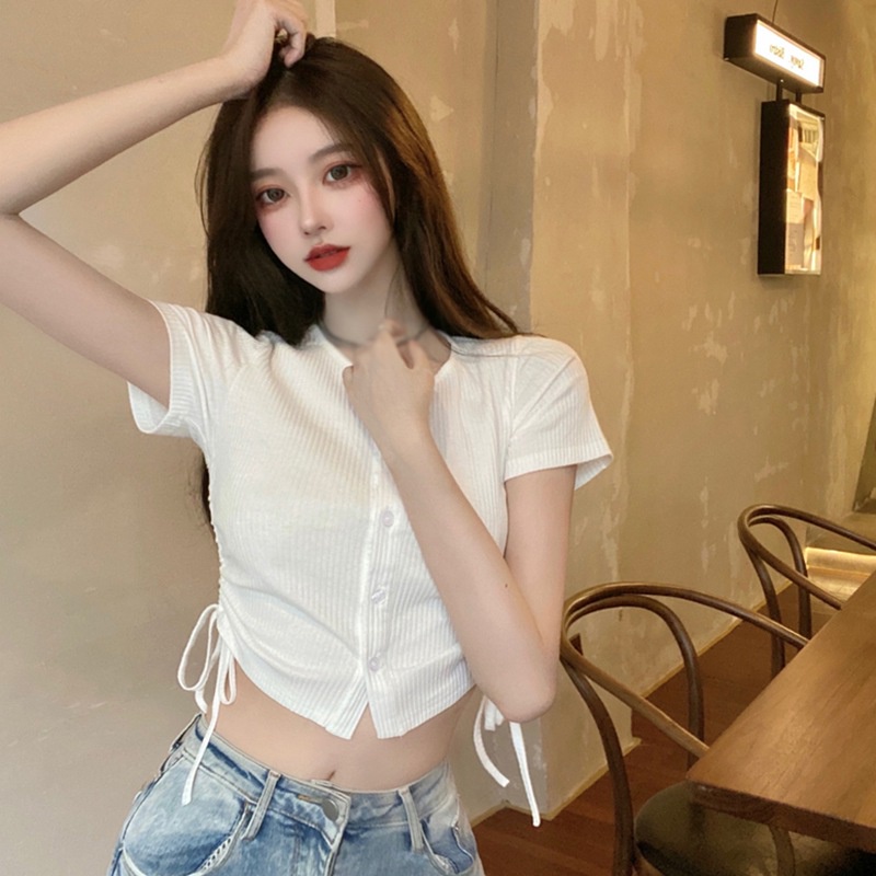 Áo Thun Crop Top Tay Ngắn Cổ Tròn Dáng Ôm Thiết Kế Độc Đáo Thoáng Khí Thời Trang Cho Nữ