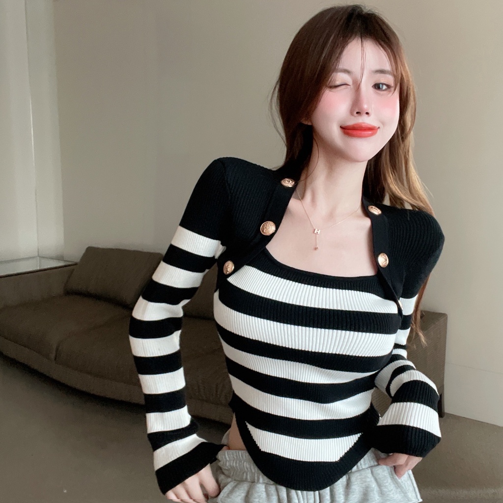 SUXI Áo Len Dài Tay Cổ Vuông Thiết Kế Mới Thời Trang Theo Phong Cách Hàn Quốc Cho Nữ