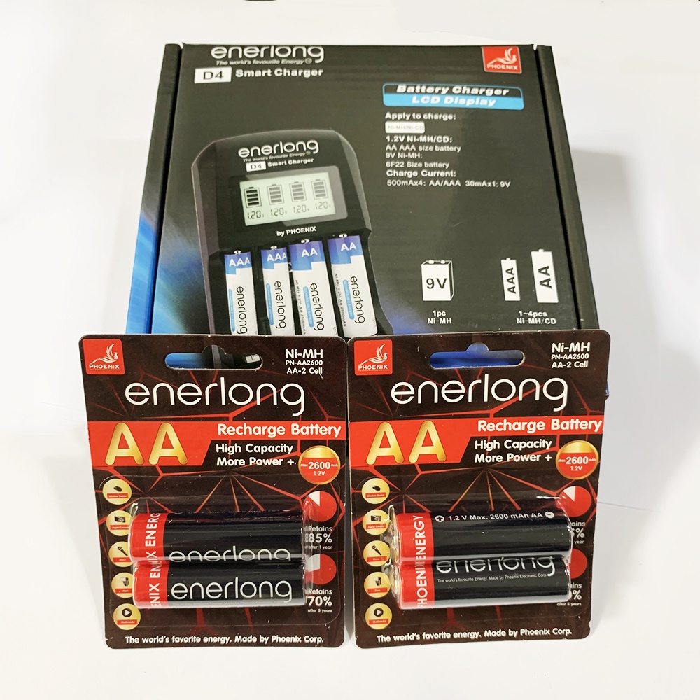 Combo máy sạc pin ENERLONG D4 Smart charger + KÈM pin sạc 4 viên AA 2200mAh, 2600mAh (Hàng nhập khẩu)