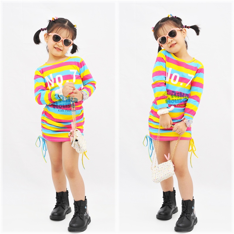 Đồ đôi mẹ và bé gái  set váy ôm sọc sắc màu cho mẹ và bé từ 8 đến 65kg