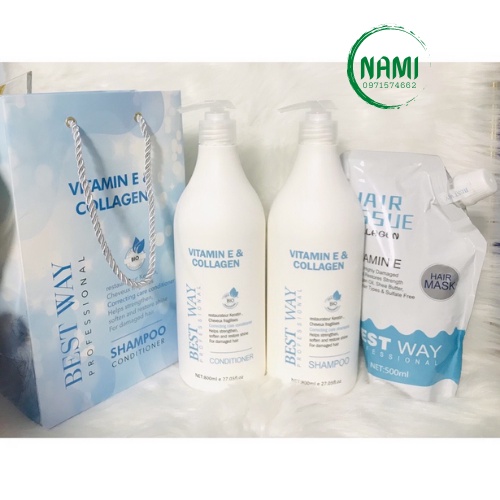 Cặp Gội Xa BEST WAY Vitamin E &amp; Collagen 800Ml Nuôi Dưỡng VÀ Phục Hồi Tóc Siêu Mượt Hàng Chính Hãng NAMI