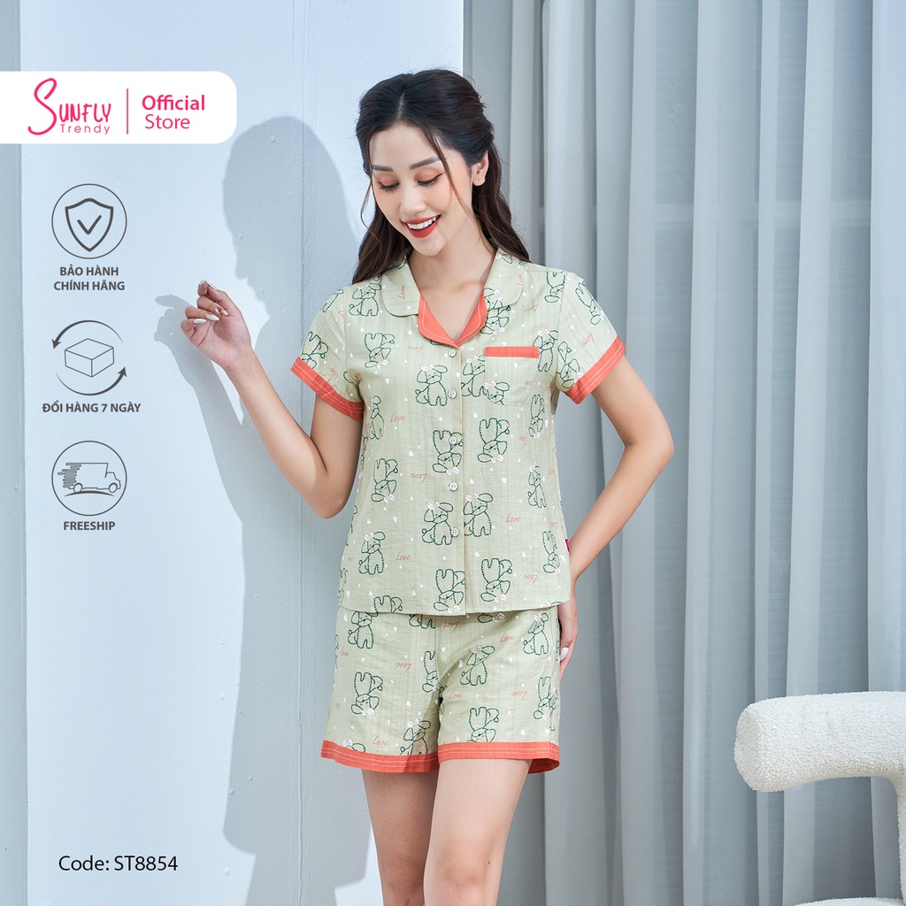 Bộ đồ mặc nhà nữ pijamas linen SUNFLY áo cộc, quần sooc ST8854