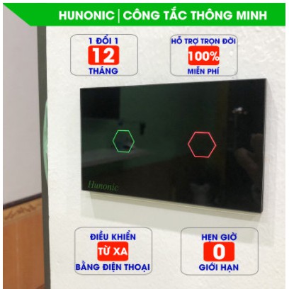 CÔNG TẮC CẢM ỨNG CHẠM THÔNG MINH HUNONIC 2 NÚT MÀU ĐEN│Công tắc thiết bị điện Wifi nhà thông minh hàng Việt Nam giá rẻ