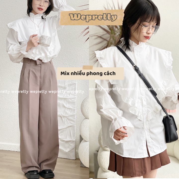 Áo sơmi nữ trắng chất sợi mềm ống tay bồng cổ tay loe phong cách vintage Wepretty Clothes | BigBuy360 - bigbuy360.vn