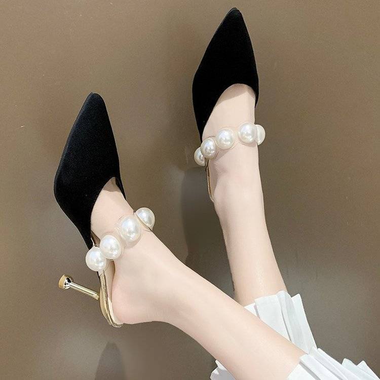 Giày cao gót mũi nhọn đính ngọc trai giả thời trang cho nữ cao 8cm