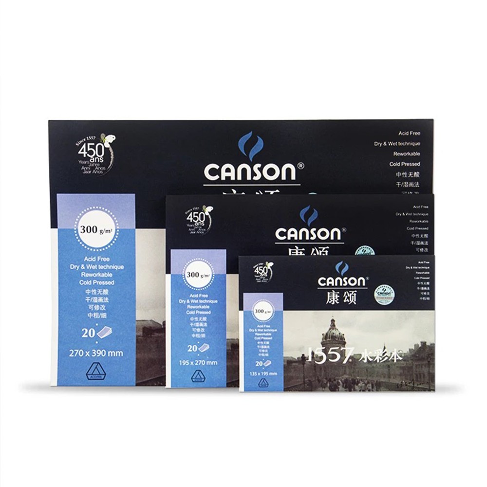 Giấy Canson 1557 vân mịn ( vân cold ) định lượng 300gsm 20 trang siêu dày đắp được 4-5 lớp vẽ màu nước