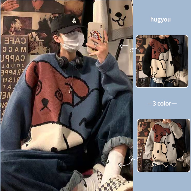 Áo sweater dệt kim cổ tròn dáng rộng in họa tiết gấu lười phong cách Hàn Quốc dành cho nam nữ