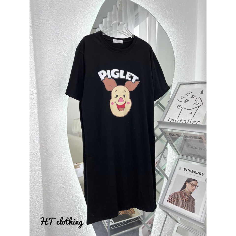 Đầm thun suông form to hình heo piglet Váy cotton cổ tròn ngắn tay dáng suông