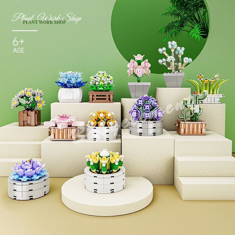 Mới Các Loài Xương Rồng Khối Xây Dựng Túi Ngôi Sao Màu Xanh Băng Trái Tim Vườn Lãng Mạn DIY Mô Hình Viên Gạch Trẻ Em Bộ Bộ Dụng Cụ Đồ Chơi