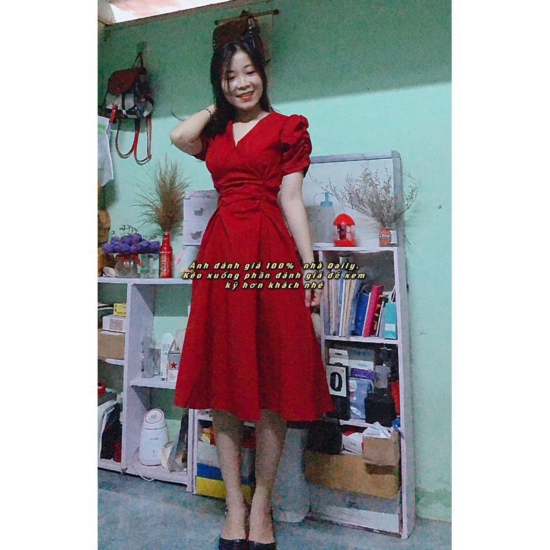 [ẢNH THẬT + VIDEO] Đầm nữ dáng dài tay phồng cổ chữ V nhún eo | BigBuy360 - bigbuy360.vn