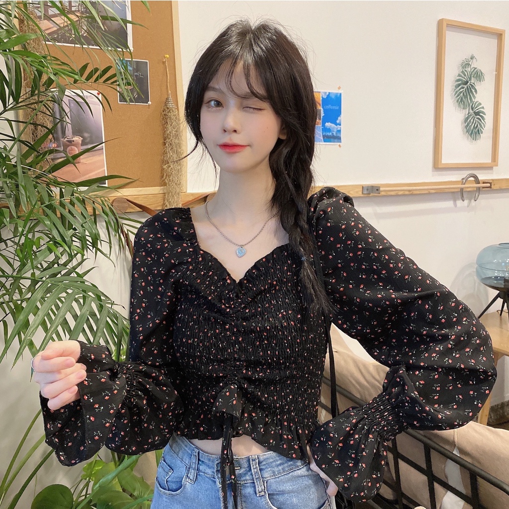 Áo croptop Secret Top A09 họa tiết hoa nhí, áo kiểu nữ chất lượng cao, tặng kèm chun buộc tóc.