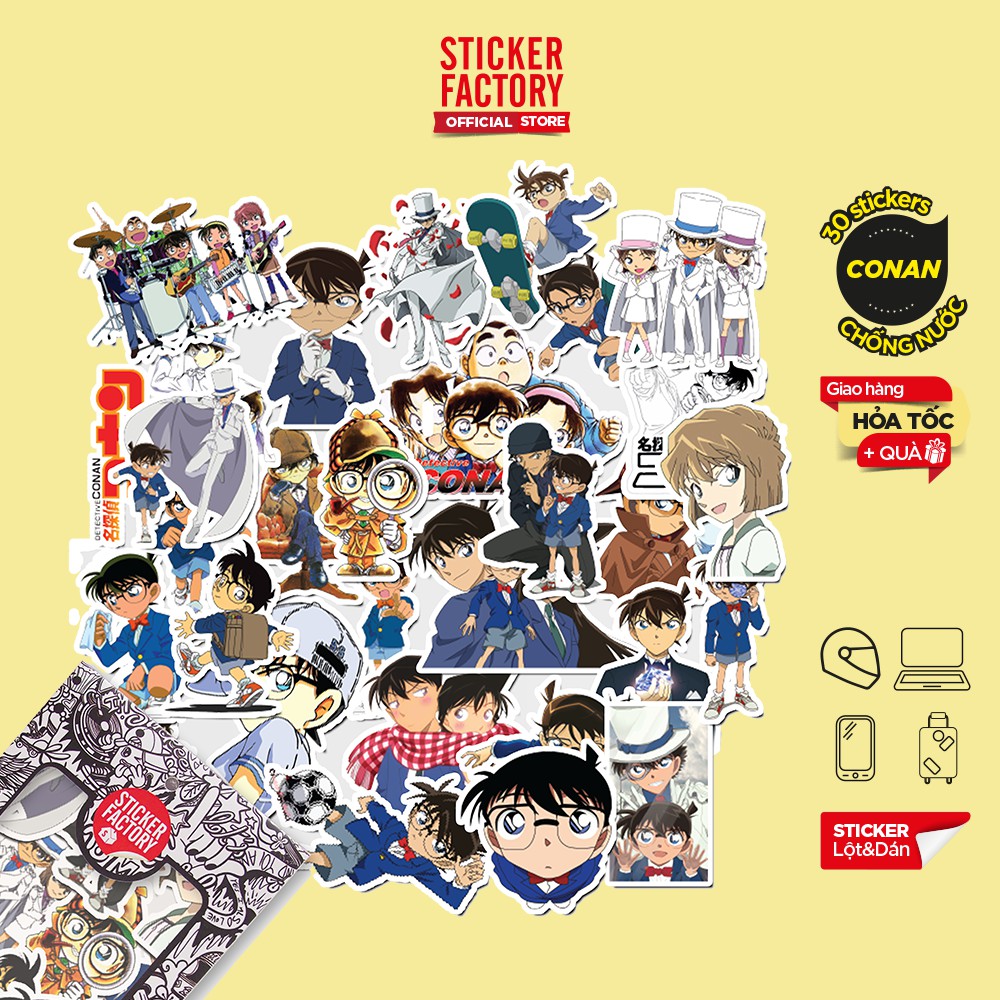 Hộp set 30 sticker decal hình dán nón bảo hiểm , laptop, xe máy, ô tô STICKER FACTORY - Conan