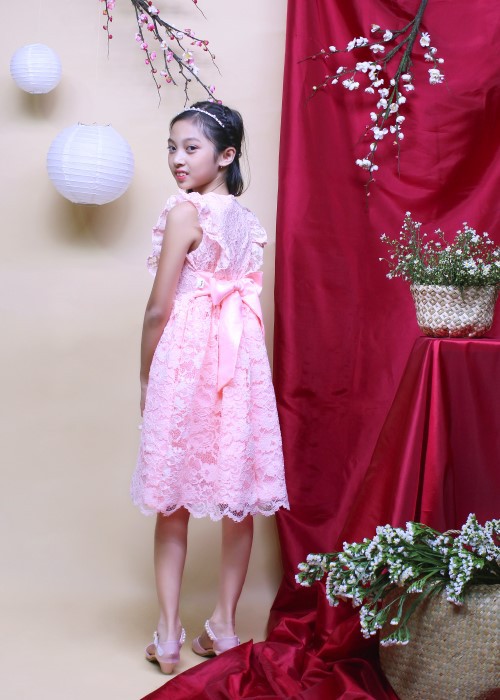 Đầm tiệc bé gái ren hoa hồng GDT004 Jadiny