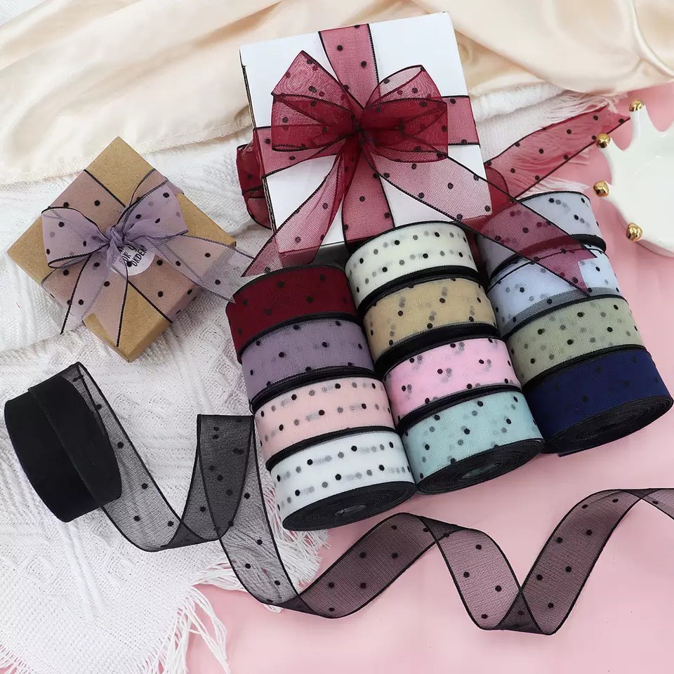 Ruy Băng Voan Chấm Bi Nhỏ Viền Đen (1 mét)