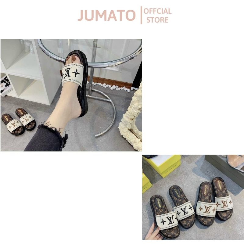Dép lê nữ quai ngang đế bánh mỳ 3cm quai da thêu LV bền đẹp JUMATO G2.015.DE.35