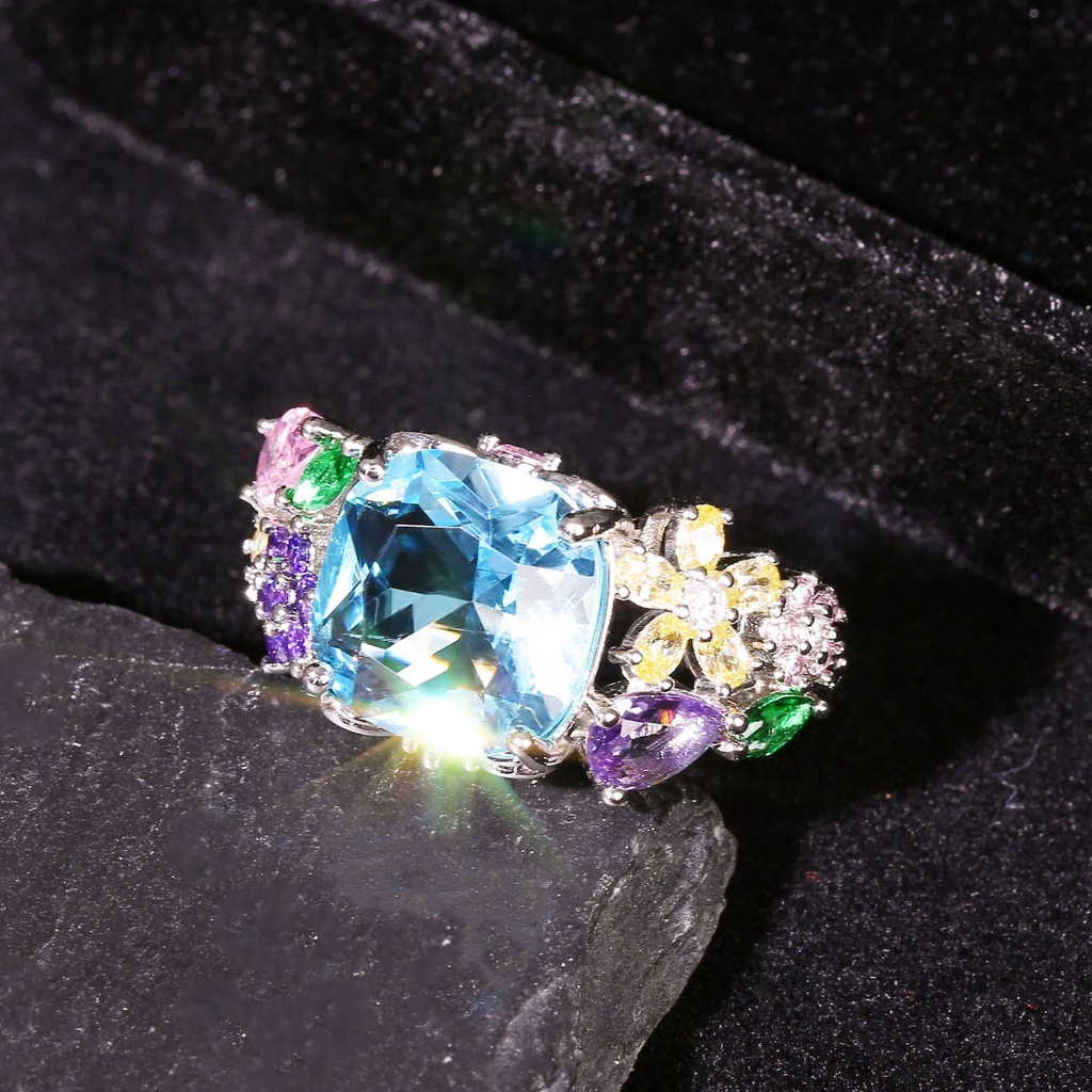 Nhẫn Đính Đá Zircon Hình Vuông Nhiều Màu Phong Cách Âu Mỹ 1