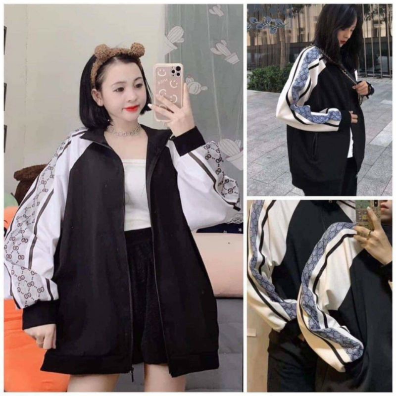 Áo khoác gió phối tay GG. vằn 1 lớp,khoác dù phom rộng