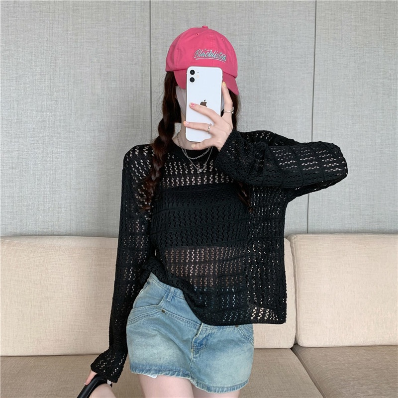 ZHELIHANGFEI Áo Dệt Kim Tay Dài Chống Nắng Dáng Rộng Phong Cách Preppy