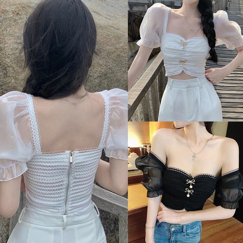 Áo Thun Ngắn Tay Cổ Vuông Phối Ren Gợi Cảm Cho Nữ Day6