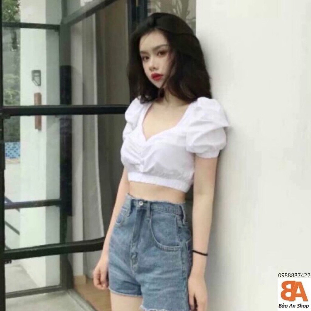 Áo croptop cổ tim tay phồng_ảnh mộc