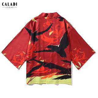 Áo khoác cardigan Kimono Haori đi biển hoạ tiết chim đỏ