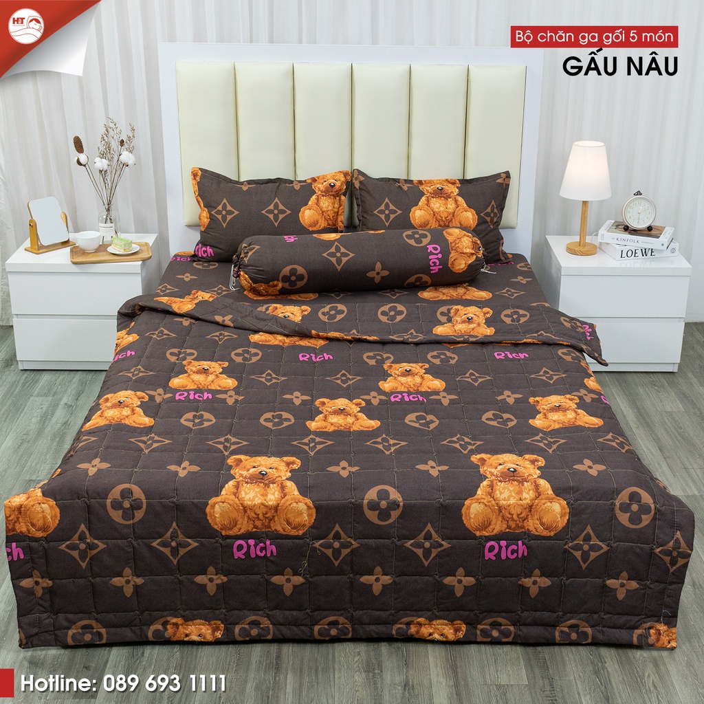 Bộ chăn ga gối 5 món Cotton Poly dùng cho mùa hè thu giá rẻ, mẫu mã đa dạng, miễn phí bo chun drap giường