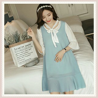 Đầm bầu xanh lam nơ cổ