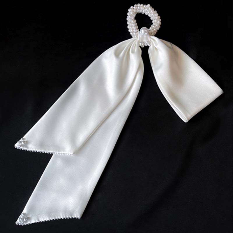 Dây Buộc Tóc Nơ Vải Satin Đính Ngọc Trai Phong Cách Retro Cho Cô Dâu