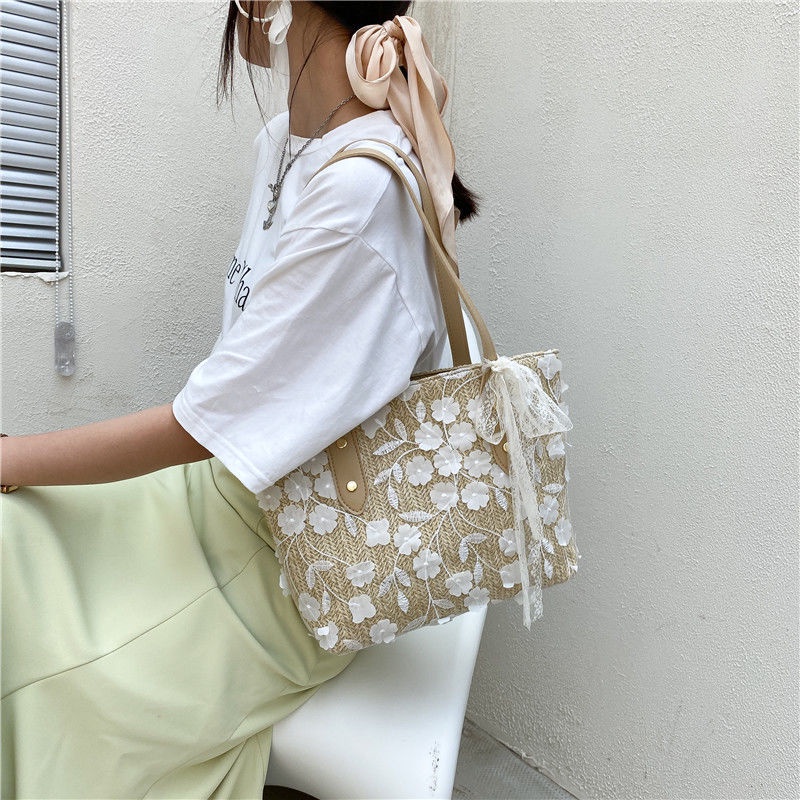Túi Cói Đeo Vai Phối Ren Kiểu Pháp Thời Trang Mùa Hè Cho Nữ