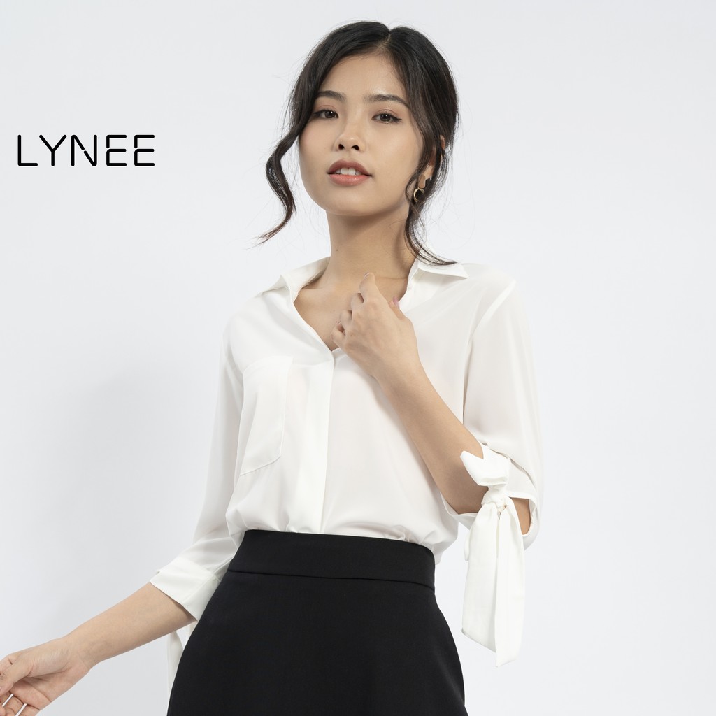 Áo sơ mi nữ tay dài thắt nơ LYNEE hàng thiết kế phối túi trước ngực thanh lịch, vải tơ nhung cao cấp A10