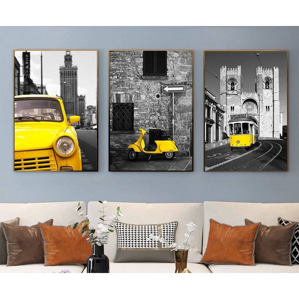 8 Mẫu Tranh Treo Tường Canvas Kim Tuyến Cao Cấp Xe Oto Châu Âu Vintage Nền Vàng Đen Sàn Trọng Decor Phòng Khách