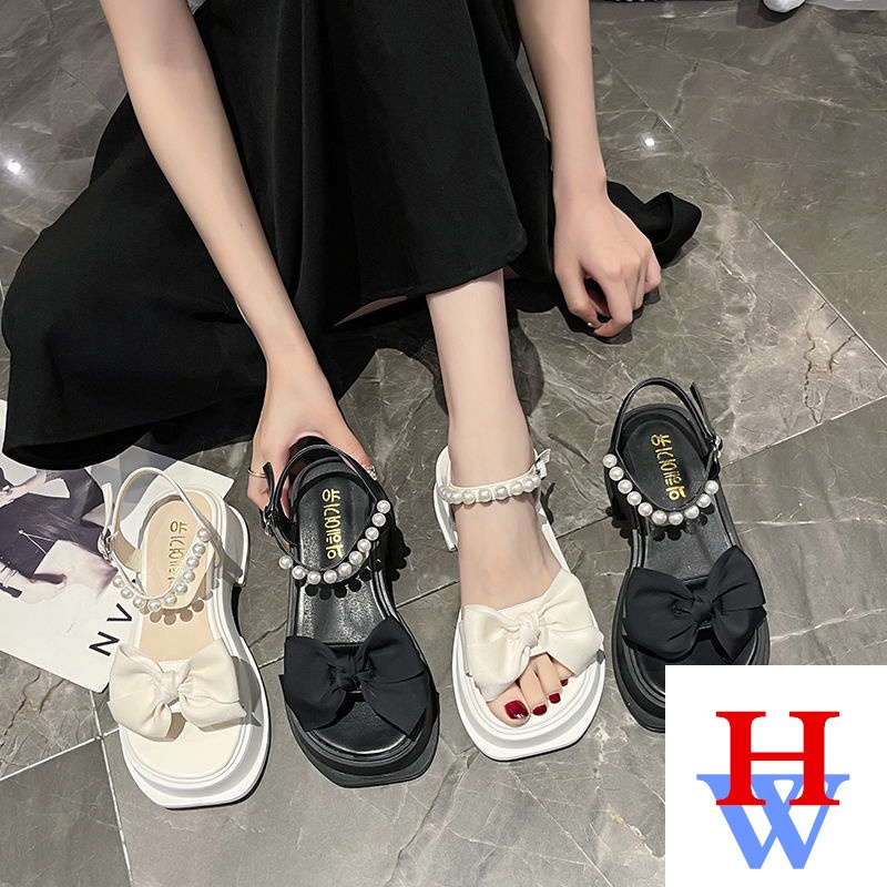 Giày Sandal Hở Ngón Đế Dày Quai Nơ Đính Ngọc Trai Chống Trượt Thời Trang Mùa Hè Hàn Quốc 2022 Dành Cho Bạn Nữ