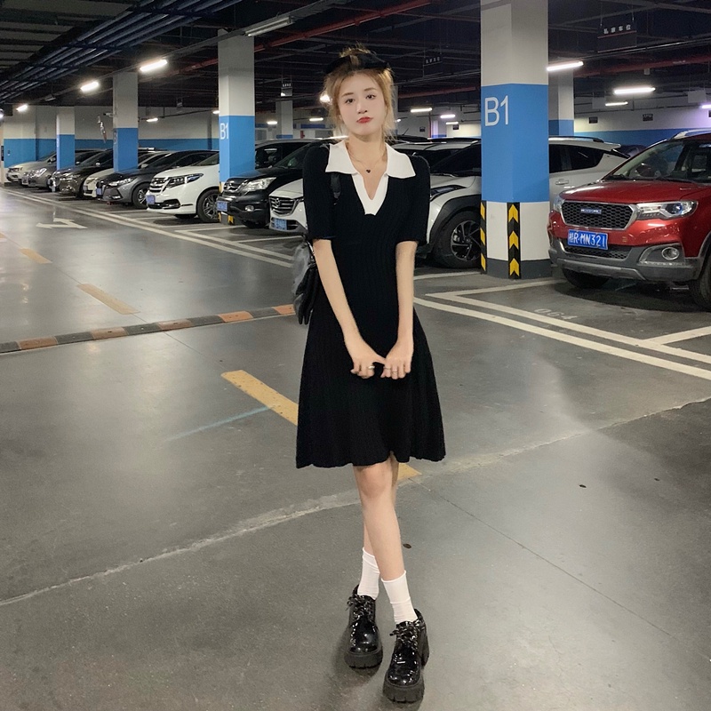 Đầm Dệt Kim Ngắn Tay Cổ POLO Xinh Xắn Dành Cho Nữ