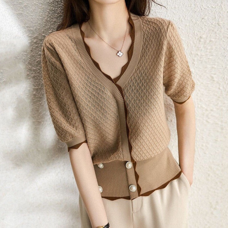Áo Dệt Kim Vải Lụa Mát Phối Ren Dễ Thương 157401 Áo Khoác Cardigan Mỏng Cổ Chữ v Phong Cách Retro Thời Trang