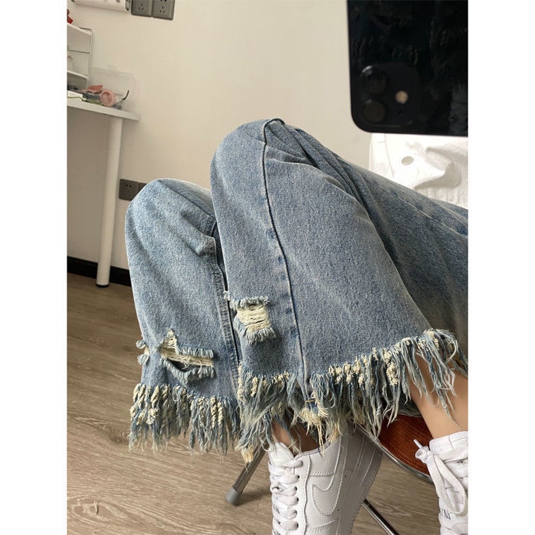 Jiashucheng Hàng Có Sẵn Quần Jean Ống Rộng Rách Gối Phong Cách Đường Phố Mùa Hè Mới Cho Nữ