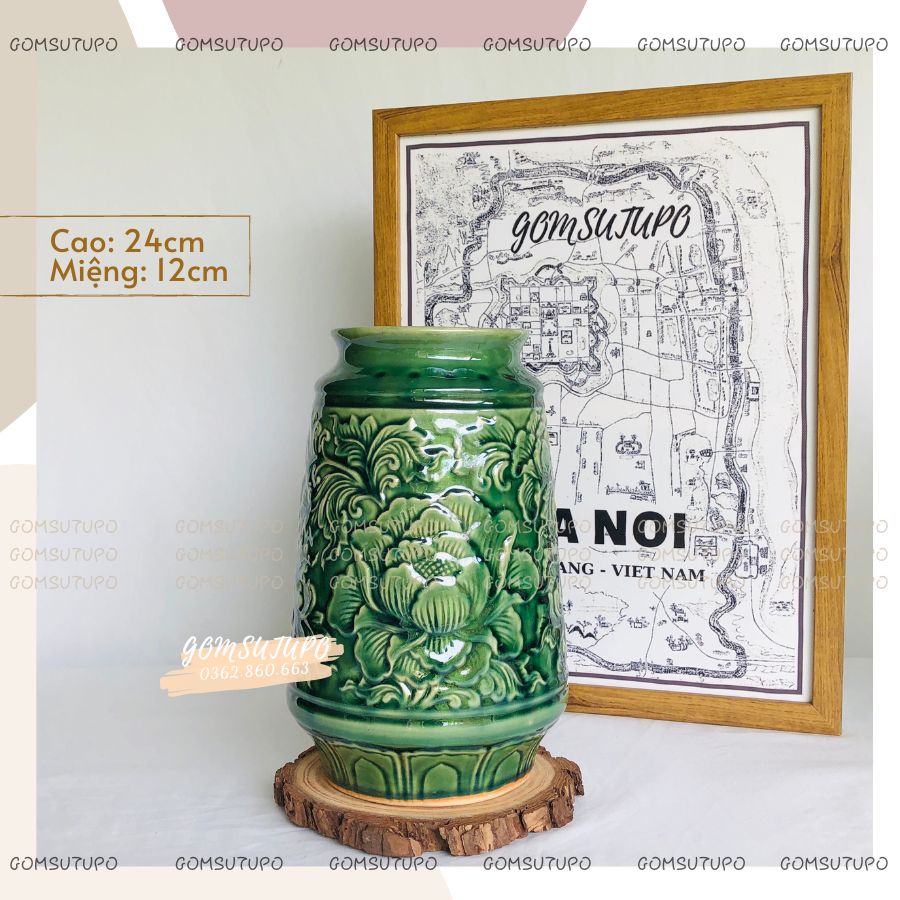 Lọ Vân Nổi Men Hoa Gốm Xanh Ngọc Lục Bảo - Bình Hoa Decor Trang Trí gomsutupo - Gốm Sứ TUPO Bát Tràng