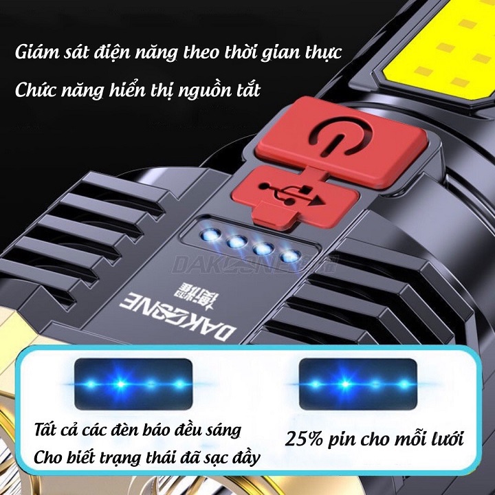 Đèn pin siêu sáng cầm tay 5 bóng chiếu xa 200m, chống thấm nước 4 chế độ sáng, đèn pin Led sạc tích điện