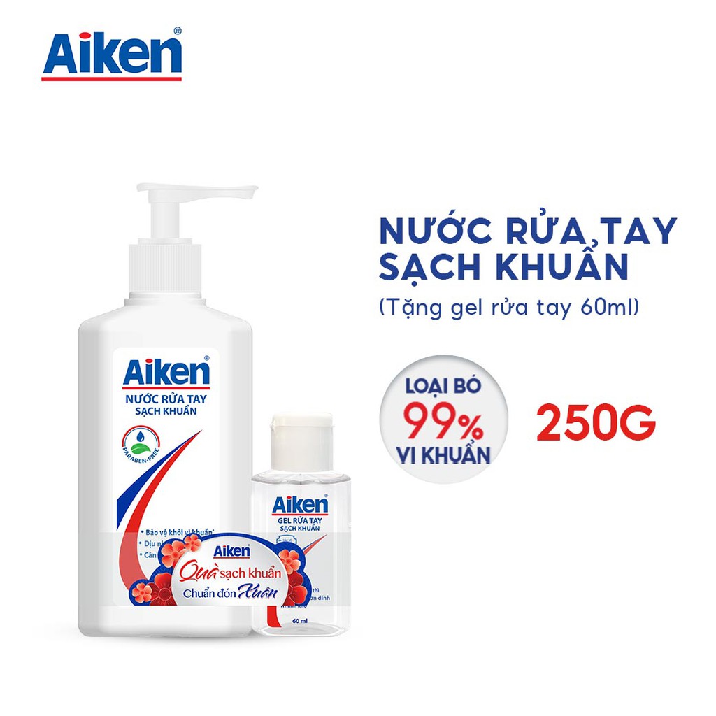 Aiken Nước rửa tay sạch khuẩn 250g - Tặng Gel rửa tay 60ml