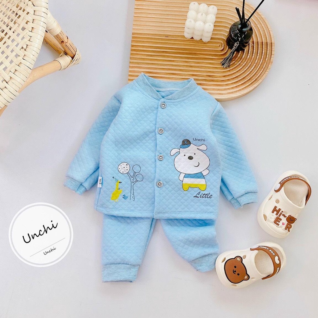 Bộ quần áo dài tay thu đông cổ tàu, khuy giữa chất nỉ xốp UNCHI cao cấp cho bé 4-14kg