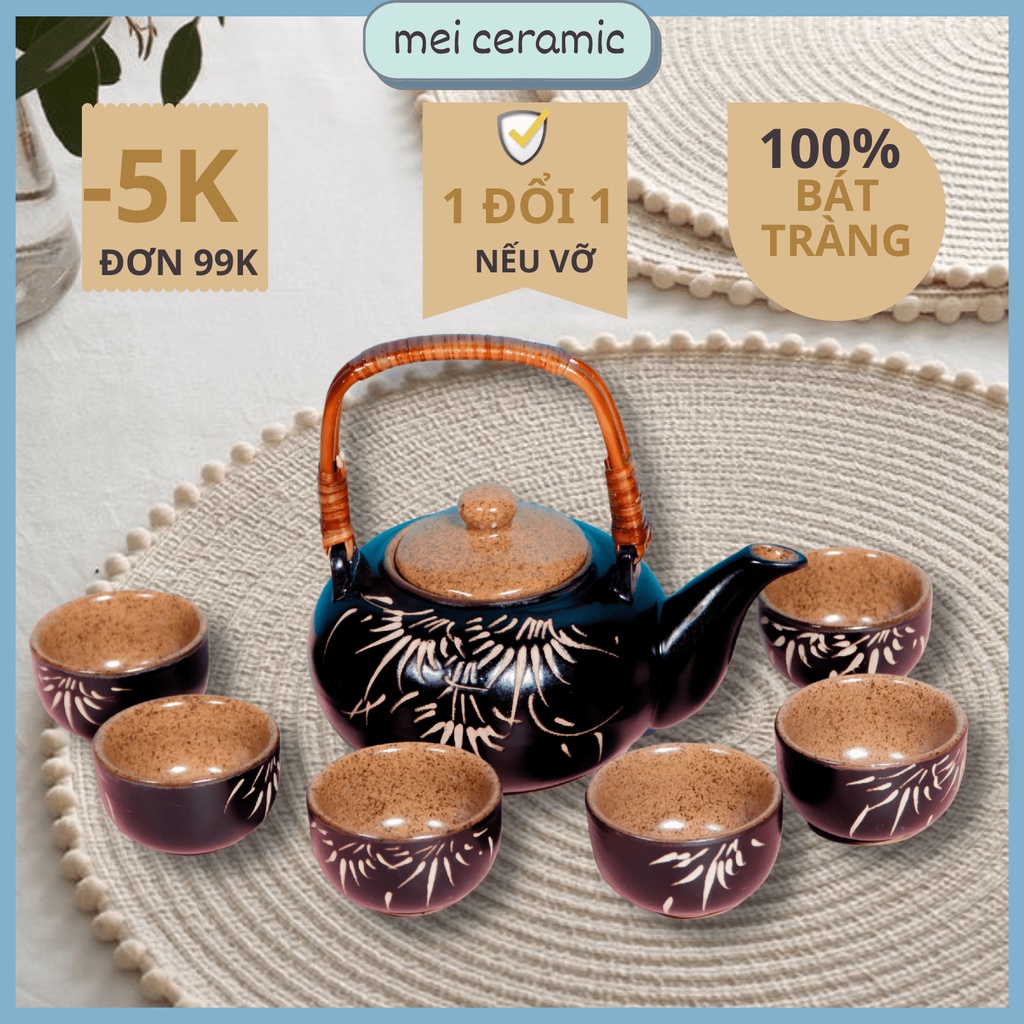 Bộ ấm trà gốm sứ Bát Tràng cao cấp, set ấm chén uống trà men hỏa biến, bộ tách trà đạo, bộ cốc trà, bộ tích chè kèm khay