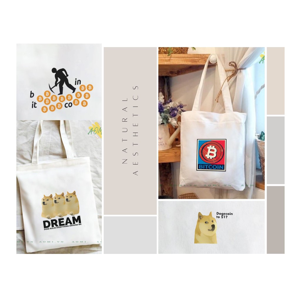 TÚI VẢI BITCOIN DOGE ĐỘC LẠ ĐEO VAI TOTE CANVAS BAG CÓ KHÓA KÉO SIZE LỚN 33x38cm CUTE XINH ĐẸP TIỆN ÍCH DẠO PHỐ DU LỊCH