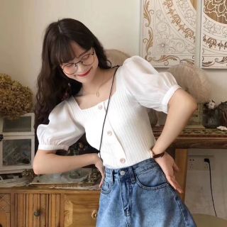 Áo len tay bồng cổ vuông