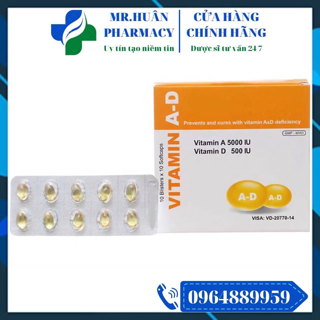 Vitamin A-D (Hộp 100 viên) - Bổ sung Vitamin A và Vitamin D trong trường hợp hiếu hụt