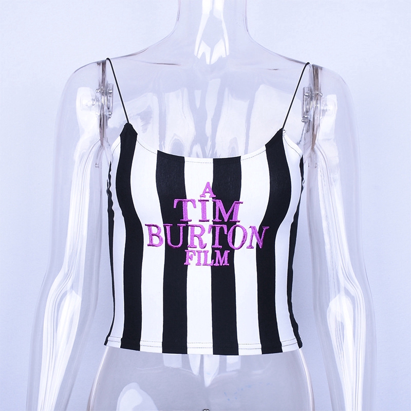 Fashion Letter Embroidery Striped Crop Top Camisole Women Strap Slim Tops