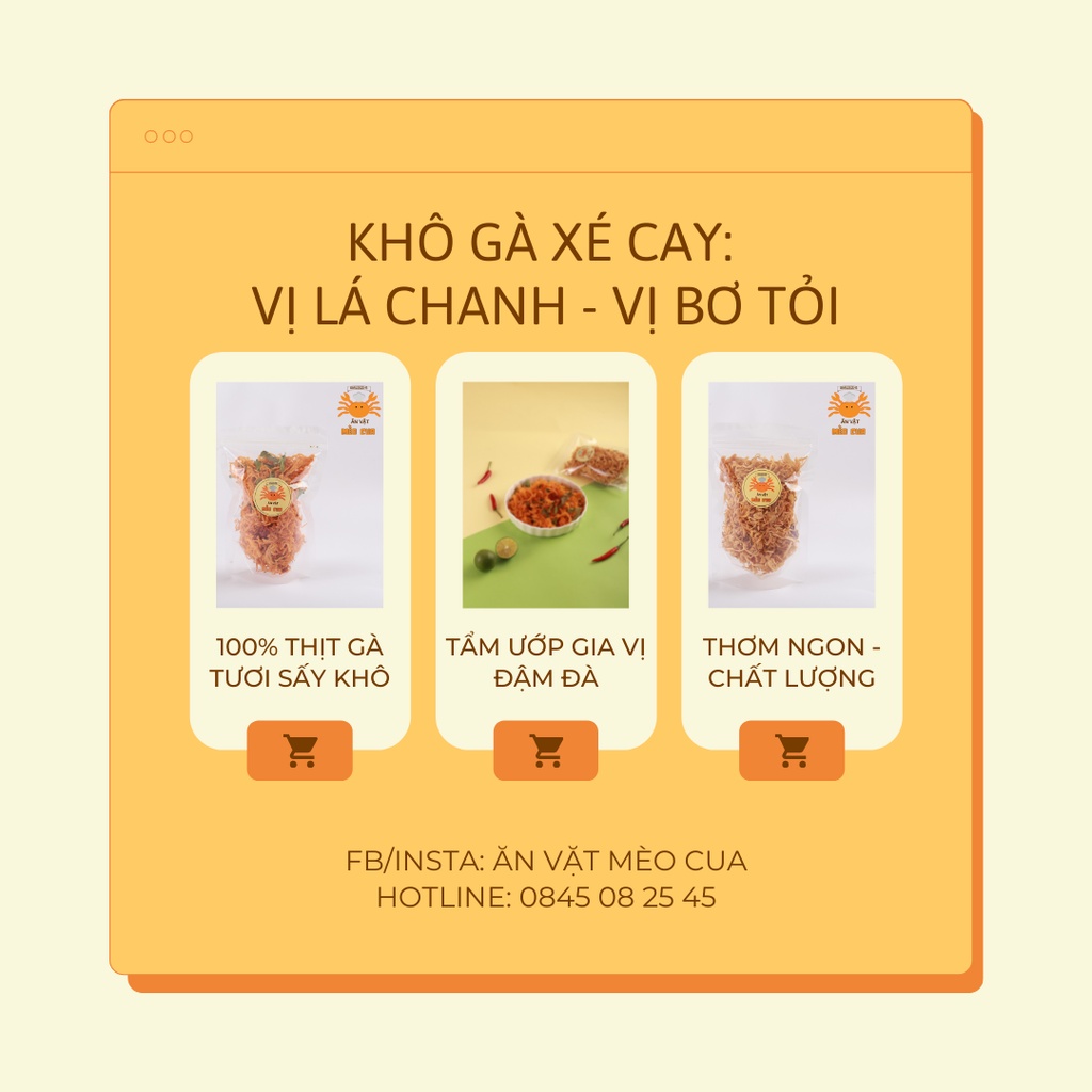 Khô Gà Xé Cay 02 Vị: Khô Gà Lá Chanh, Khô Gà Bơ Tỏi - Ăn Vặt Mèo Cua