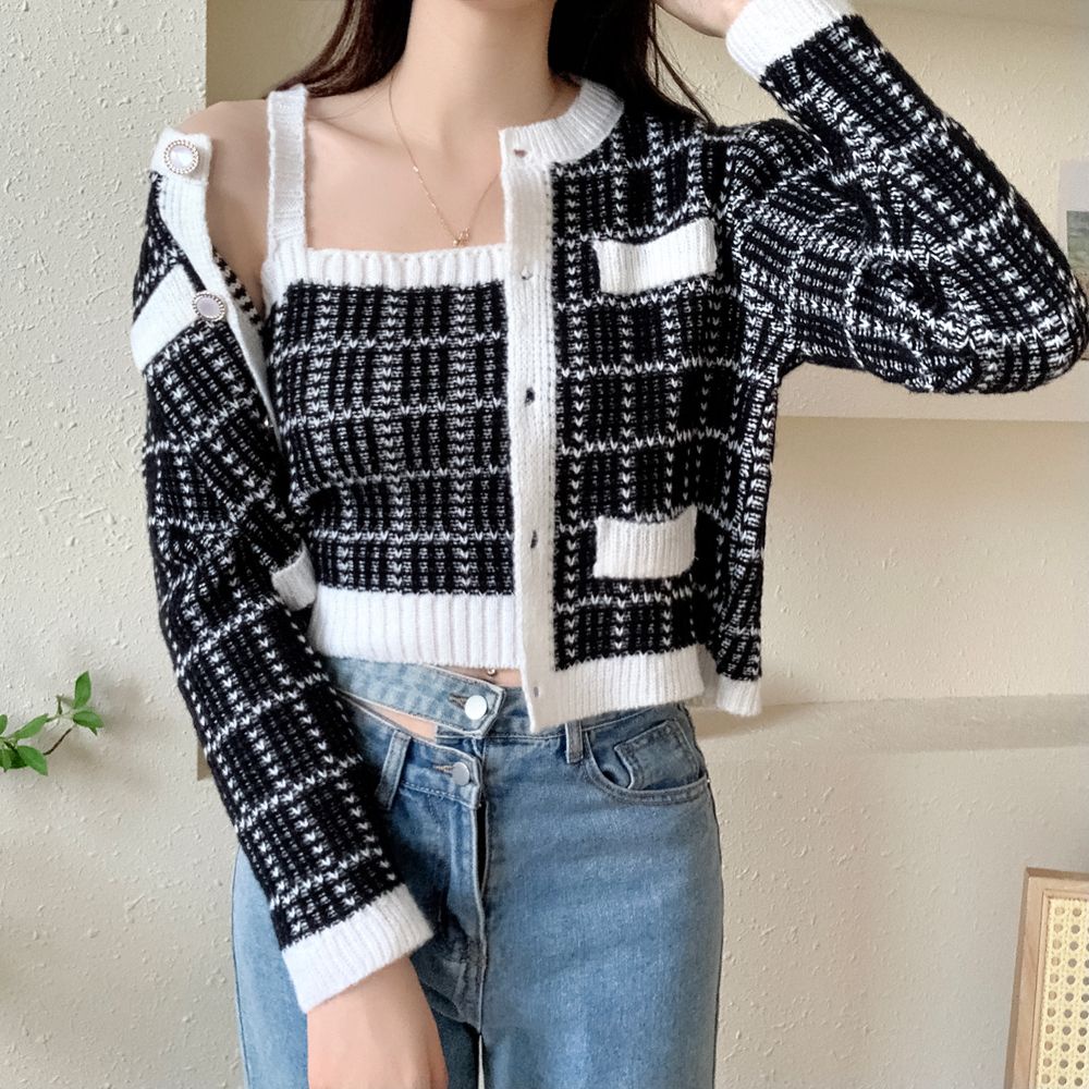 Áo len kẻ sọc croptop hai mảnh áo khoác cardigan dáng dài dệt kim