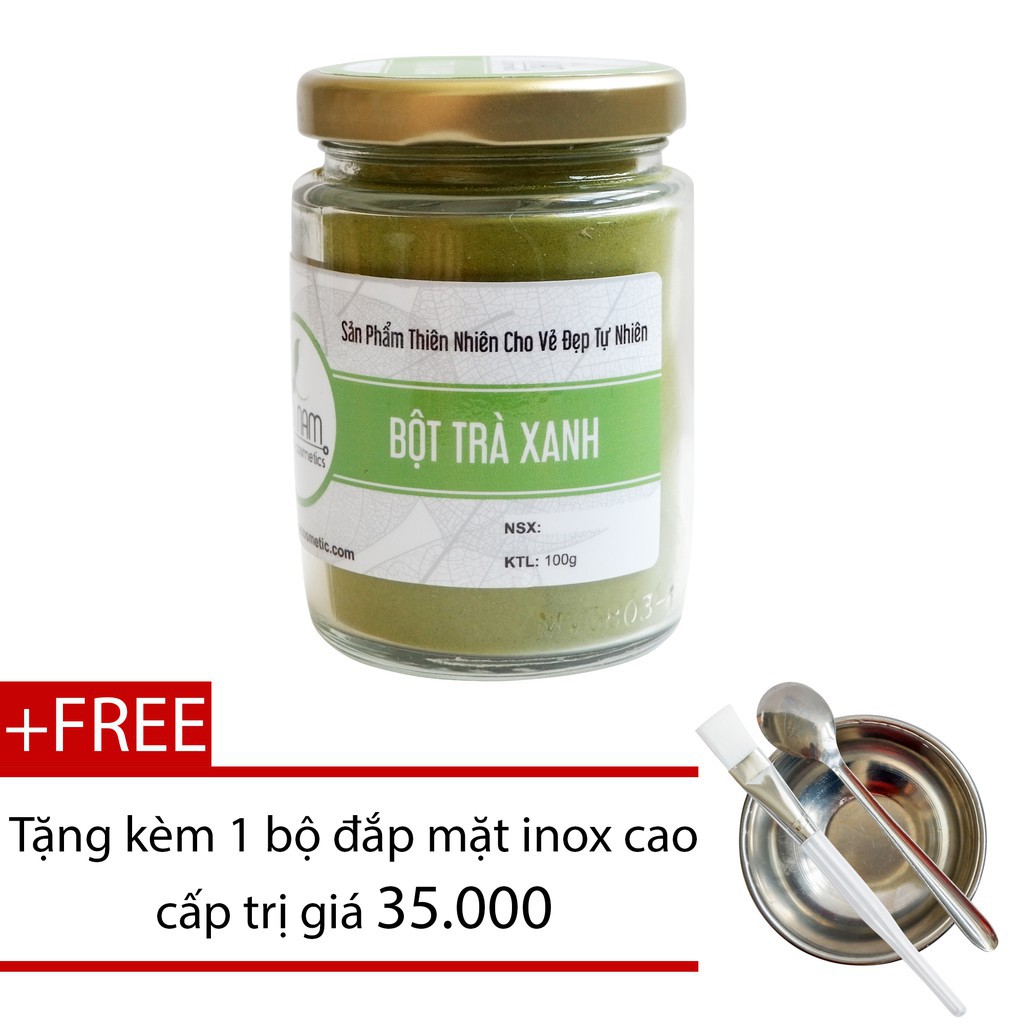 Bột trà xanh Bảo Nam nguyên chất Bảo Lộc 100g + Tặng bộ đắp mặt nạ inox